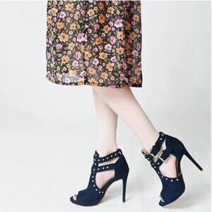 XYD Navy Studs Peep Toe High Heels Buckled Double Straps Cutout Ankle Bootie